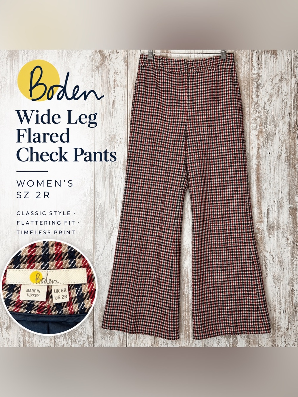Boden Wide Leg Flared Check Pants Women’s Size 2R Plaid Trousers